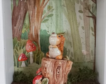 The squirrel in the woods, diorama, watercolor painting, small painting