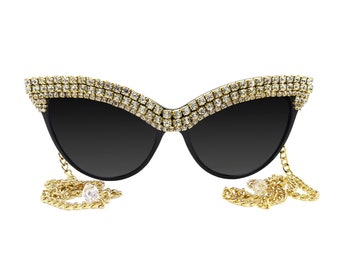 GARBO - Vintage Styled Crystal Rhinestone Embellished Cat Eye Sunglasses with Swarovski Crystal's on a custom Gold chain.
