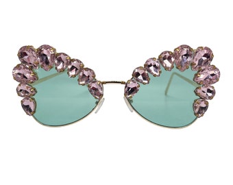 JEAN - Pink Butterfly Sunglasses with Pink Diamond Rhinestones. Hand Embellished Abstract Sunglasses from Melbourne, Australia.