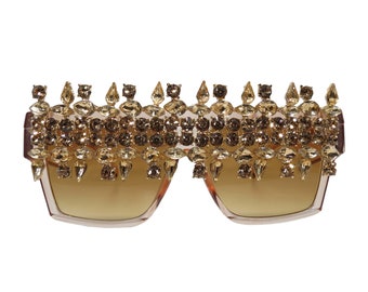 HAWTHORN - Gold Flat Top Sunglasses with Gold Rhinestone Embellishment . Hand Embellished Abstract Sunglasses from Melbourne, Australia.