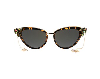 VITRAIL - Women's Vintage Gold Cat Eye Sunglasses detailed with Swarovski Crystals and a Spider Detail. Handmade Statement Sunglasses