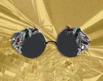 Handmade Cat Eye Sunglasses: Silver Leaf & Swarovski Crystal Embellished