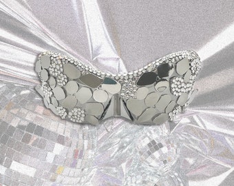 TEK - Silver Y2K Sunglasses with Silver Mirror Pieces and Crystal Swarovski Crystals. Hand Embellished Abstract Sunglasses from Australia.