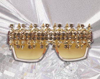 HAWTHORN - Gold Flat Top Unique Sunglasses Embellished Gold Rhinestone Embellishment. Hand Made Sunglasses