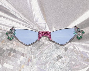 ABBIE - Retro Crystal Embellished Cat Eye Sunglasses with a Cubic Zirconia Crystal Birds and Pink Swarovski Crystals