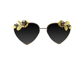 FEMI - Love Heart Cat Eye Shaped Unique Sunglasses with Hand Detailed Gold Flowers, Pearl's and Swarovski Crystal's. Unique Sunglasses.