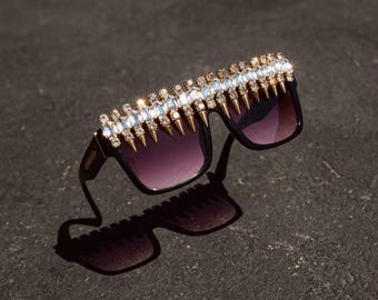 SPIK | Gold Spike Rhinestone Flat Top Sunglasses – Glam Statement Eyewear, Festival Gift | Handmade Melbourne