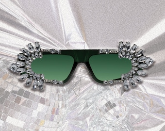 FITZROY - Green Sunglasses with Silver Aztec Rhinestone's. Hand Embellished Abstract Sunglasses from Melbourne, Australia.