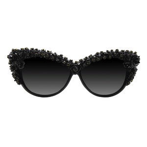 BRAMBLE (BLACK) - Women&#39; Black Flower Cat Eye Handmade Unique Sunglasses with Rhinestones. Embellished Sunglasses Collection from Australia