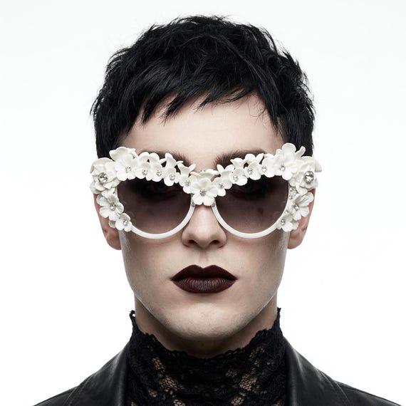 PHLOX | Floral Cat Eye Sunglasses White Flower Swarovski 