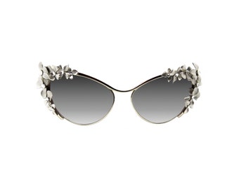 NONGKE - Women's Metal Cat Eye Statement Sunglasses, Hand Embellished with Metal Flowers and Swarovski Crystals. Crazy Sunglasses.