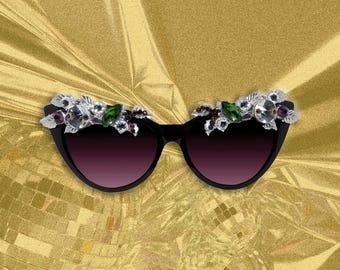 Sally Cat Eye Sunglasses: Swarovski Crystals, Hand-Painted Leaves