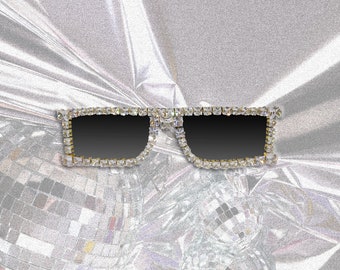 FAZA A | Czarne kwadratowe okulary przeciwsłoneczne ze strasami, złote kryształki, zdobione, miejski prezent dla niego, prezent dla niej, UV400