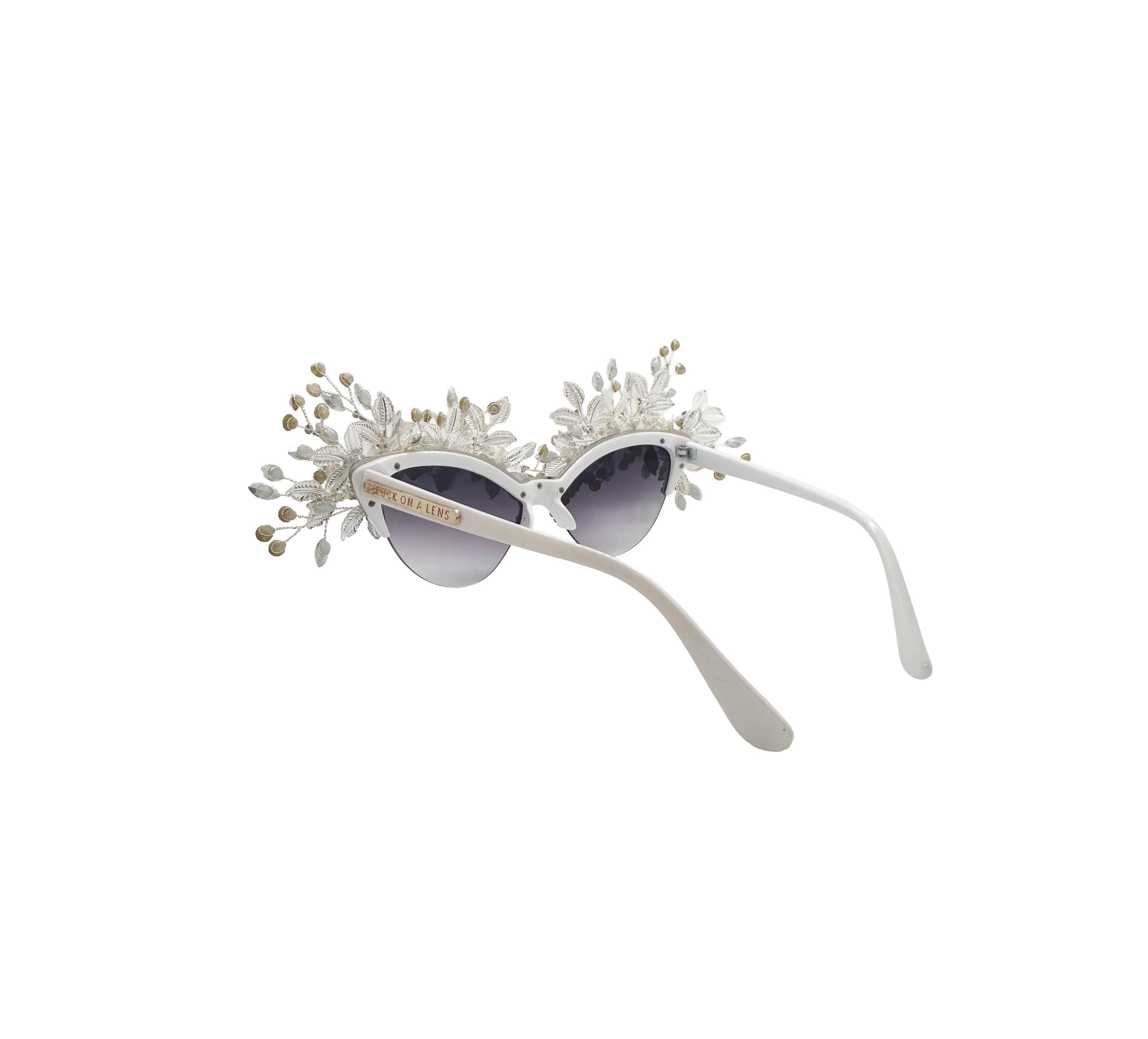 White Crystal Flower Cat-eye Sunglasses: Hand-embellished 