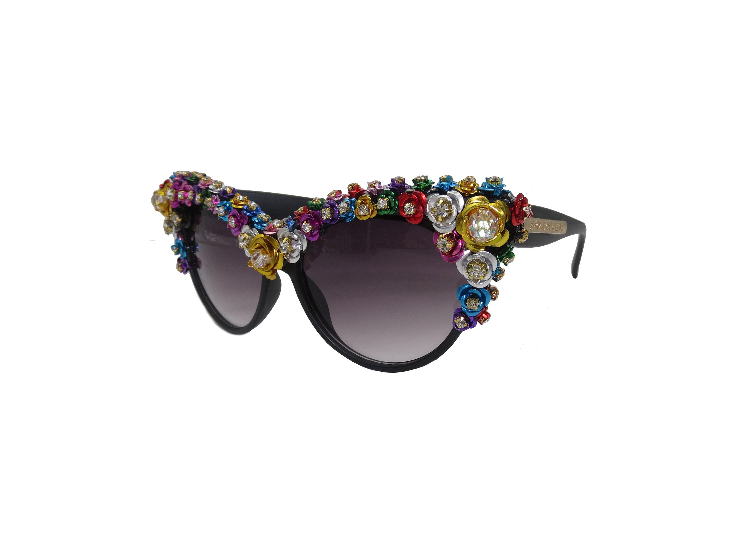 Handmade Rhinestone Cat Eye Sunglasses – Colorful Floral  display picture 2