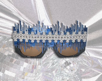 BLUECITY - Flat Top Unique Sunglasses Embellished with Cubic Zirconias and Blue Marbled Resin