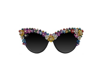 BRAMBLE - Women's Colourful Abstract Handmade Cat Eye Unique Statement Sunglasses with Rhinestone Details. Embellished Sunglasses Collection