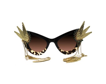 Leopard Print Cat Eye Half-rim Gold Oval Sunglasses - Etsy display picture 2