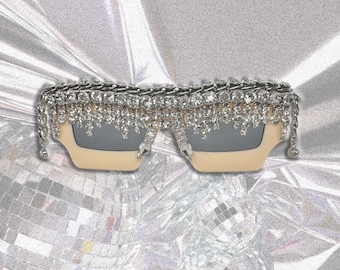 NEW YORK - Art Deco Styled Unique Sunglasses Embellished with Rhinestones, Chain and Rhinestone Rivets