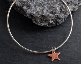 Silver bangle skinny stacking bangle 925 sterling silver handmade flat hammered finish with copper star