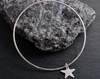 Silver bangle skinny stacking bangle 925 sterling silver handmade flat hammered finish with sterling silver star