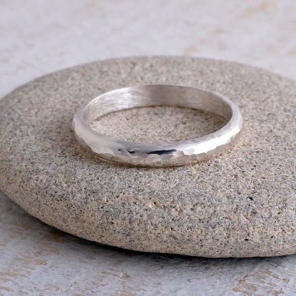 Silver ring 3mm sterling silver band ring hammered band ring 925 hammer finish made in UK d shape