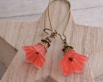 Red flower earrings lucite flower with bronze tone findings dangly flowers