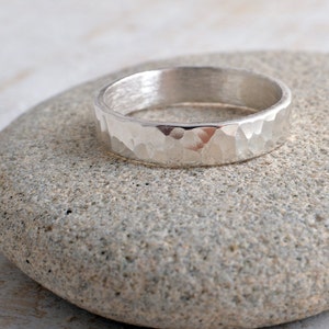 Silver ring 4mm sterling silver band ring hammered band ring 925 hammer finish made in UK image 1