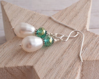 Sea green crystal and Swarovski white pear shaped glass pearl sterling silver earhooks