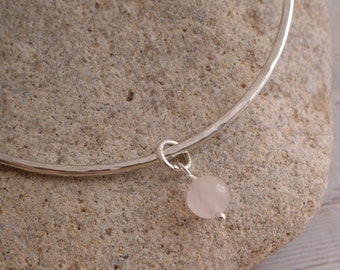 Sterling silver stacking bangle with rose quartz charm 1.5mm skinny textured bangle boho layering