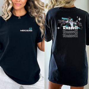 george russell mercedes f1 tee | black comfort colors vintage style tshirt | formula 1 racing inspired aesthetic modern minimal girl