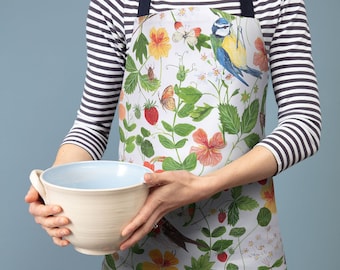 Birds and Berries - colourful apron for woman - Robin and blue tit floral design