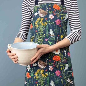 Floral Wren Apron: Colorful Bird & Ladybird Print, Baking Apron - 100% Cotton