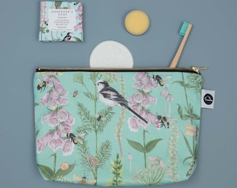 Large Wash bag with waterproof lining - Long tailed Tit and Foxglove