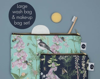 Large Wash bag and make-up bag set of 2 - Long tailed Tit and Foxglove
