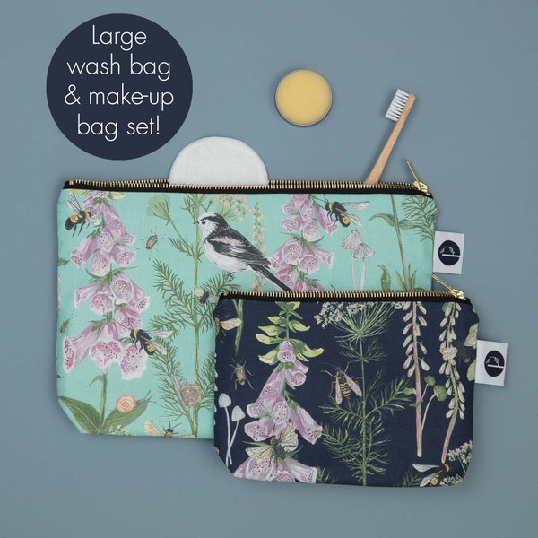 Large Wash bag and make-up bag set of 2 - Long tailed Tit and Foxglove