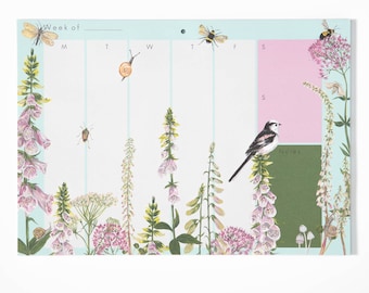 Weekly A4 planner Wild flower organiser Desk planner Patterned stationery Planner notepad Flower print notepad bird to do list Jotter