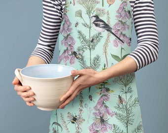 Floral and Bird colourful baking apron for her  -turquoise - free recipe cards