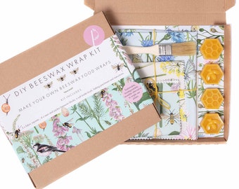 DIY beeswax wrap kit - make your own set of 3 beeswax wraps with floral and bird fabric