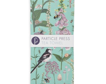 Longtail Tit, Foxgloves and Floral Hedgerow Tea Towel gift for her- turquoise