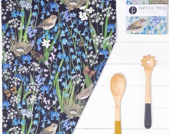 Spring Bluebells and chiff-chaff- cotton tea towel