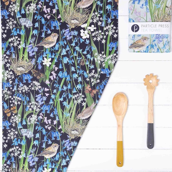 Spring Bluebells and chiff-chaff- cotton tea towel