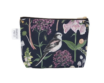 Small wash bag with waterproof lining - Long tailed Tit and Foxglove - gift for her- navy