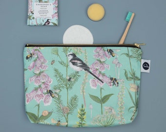 Large Wash bag with waterproof lining - Long tailed Tit and Foxglove - gift for her- turquoise