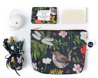 Wren and ladybird wash bag, vegan rose geranium soap and floral bath bomb with petals gift set