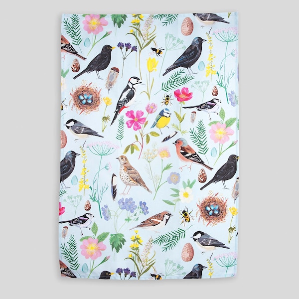 British Garden Birds Tea Towel | Illustrated Wildlife Kitchen Gift (100% Cotton)