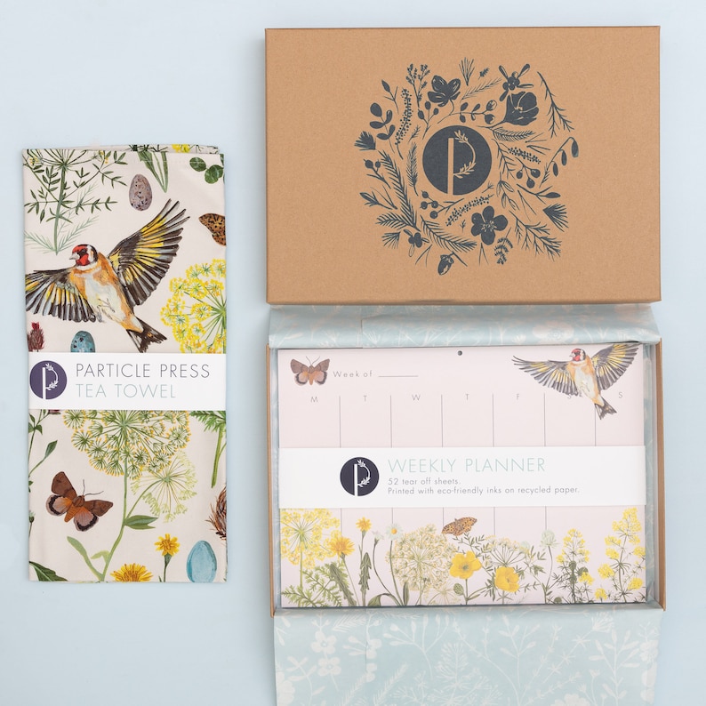 gift set for her Goldfinch gift box Floral and bird Tea Towel gift set tea towel and planner gift