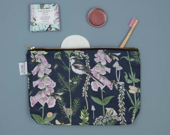 Large Wash bag with waterproof lining - Long tailed Tit and Foxglove - gift for her