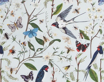 Swallow and Blossom Fabric by the metre, light blue, bird and floral interiors fabric