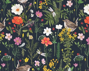 Wren and Ladybird Fabric by the metre, dark green, bird and floral interiors fabric